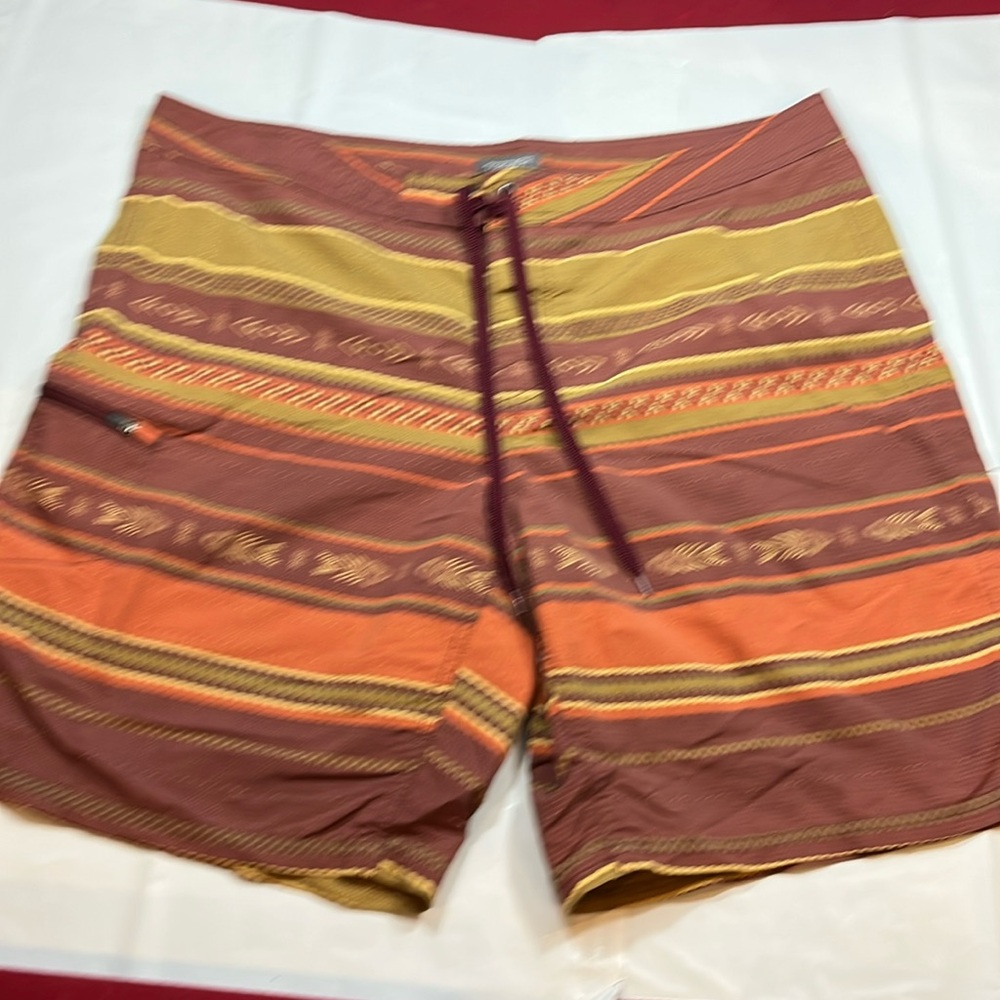 Toad&Co swim trunks shorts Men size 38 brown olive orange Aztec Stripe tie waist